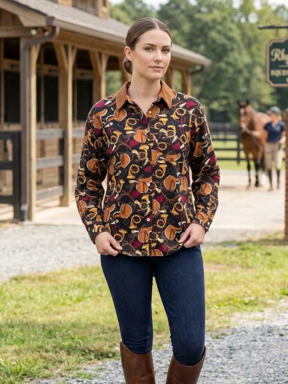 Vtg 90s Rhythm Blue Equestrian Shirt Fx Velvet Collar Horse Saddle Horn Print XL